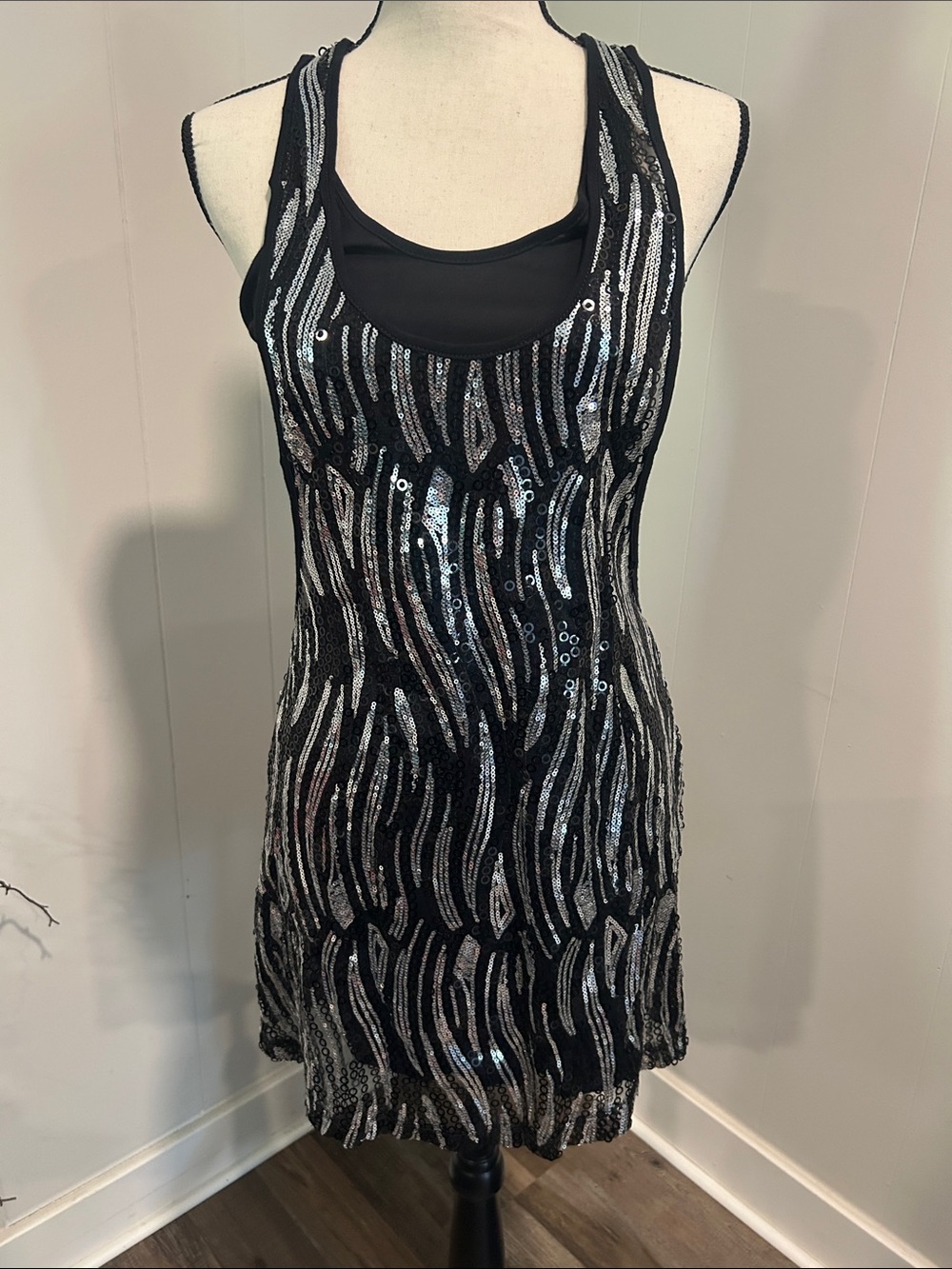 Romeo & Juliet Couture Black Dress with Silver Sequin Wave Design